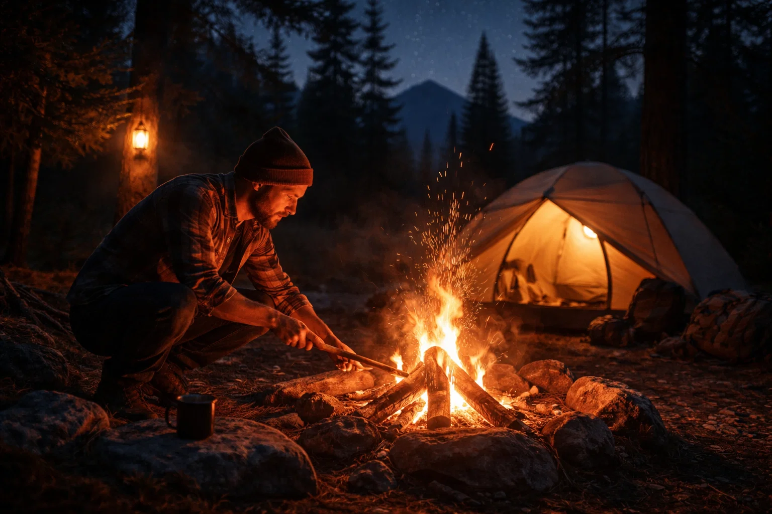 A camper building a fire, keeping to fire safety 