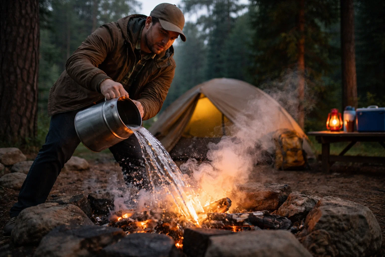 A camper drowning a fire 