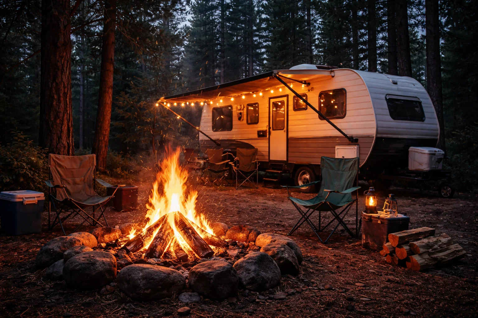 a roaring campfire IN THE WOODS IN FRONT OF A CAMPER VAN