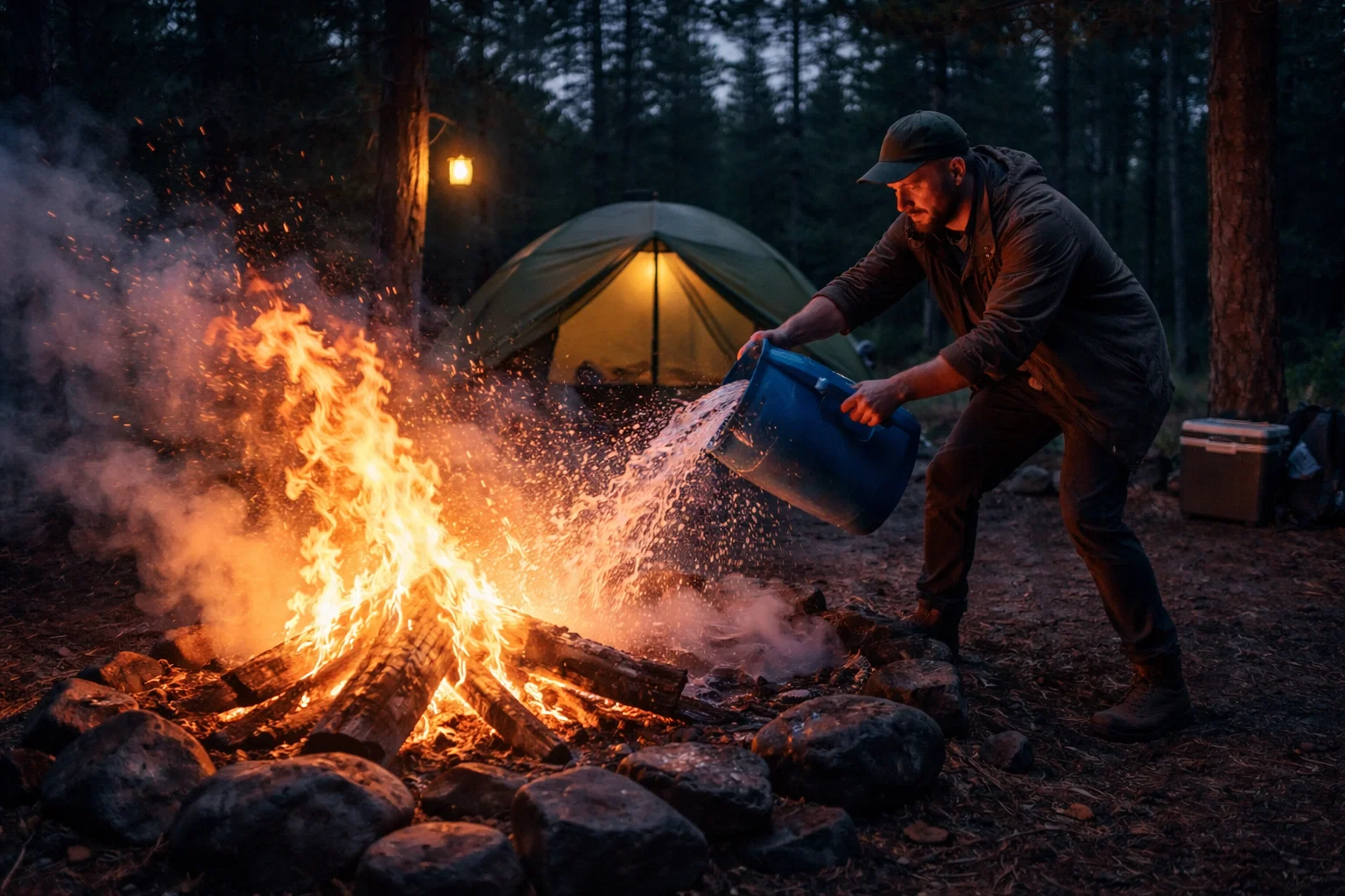 A man putting out a roaring fire with a big bucket of water whilst tent camping 