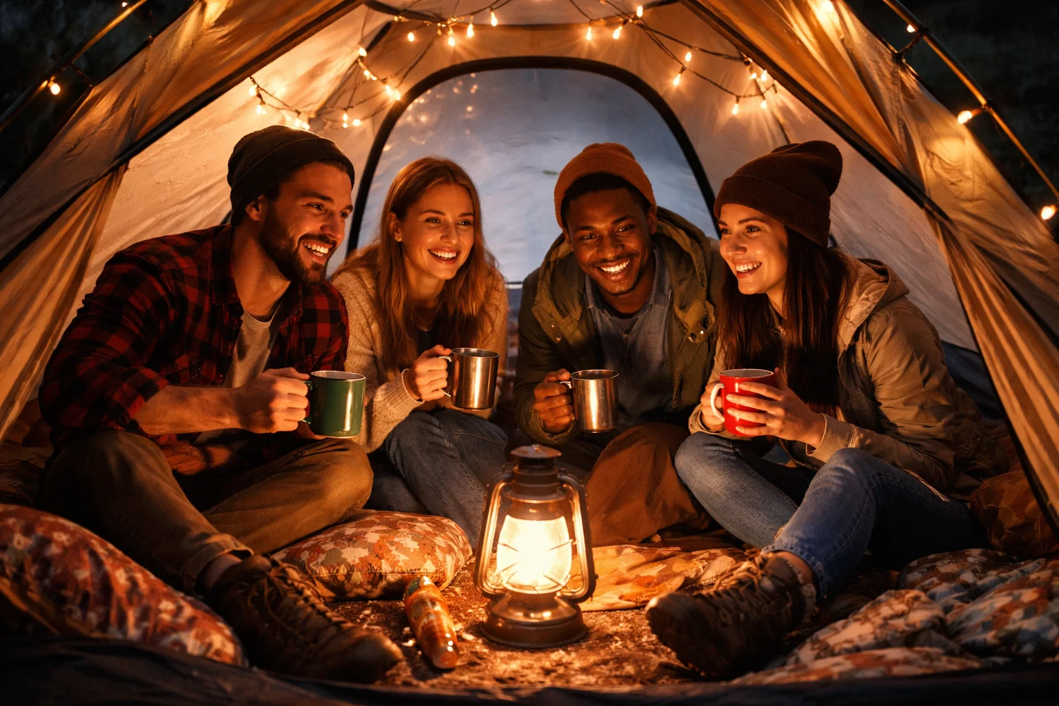 A group of friends inside a tent whilst camping looking cozy, showing the role of tents in camping