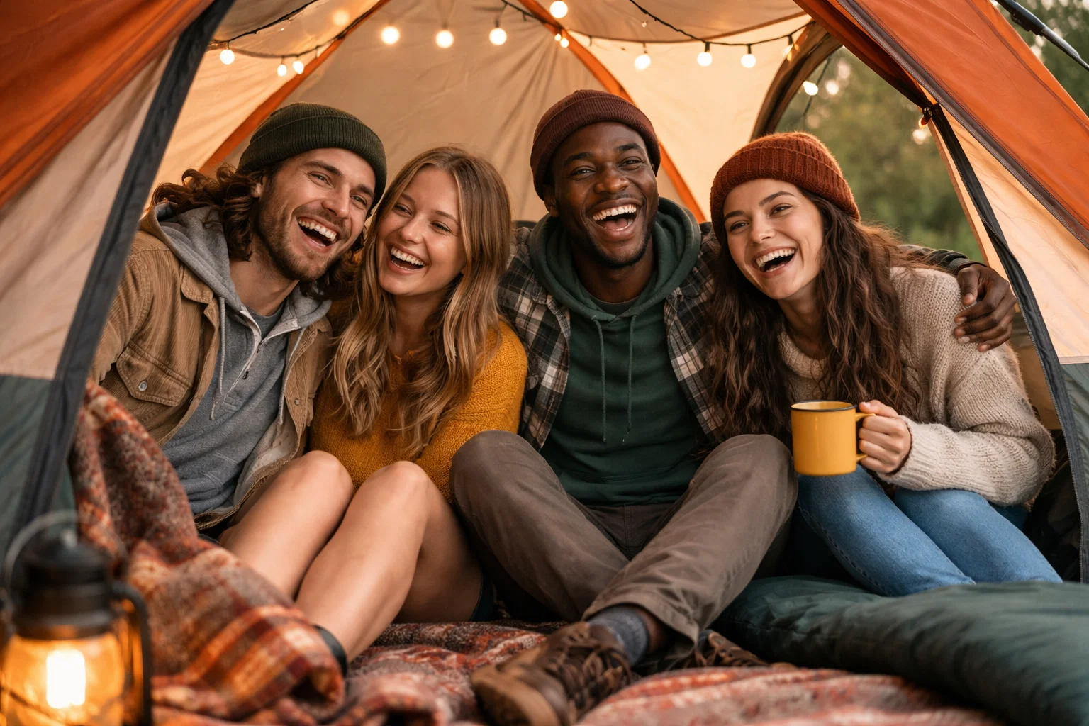 Happy friends sitting inside a tent 
