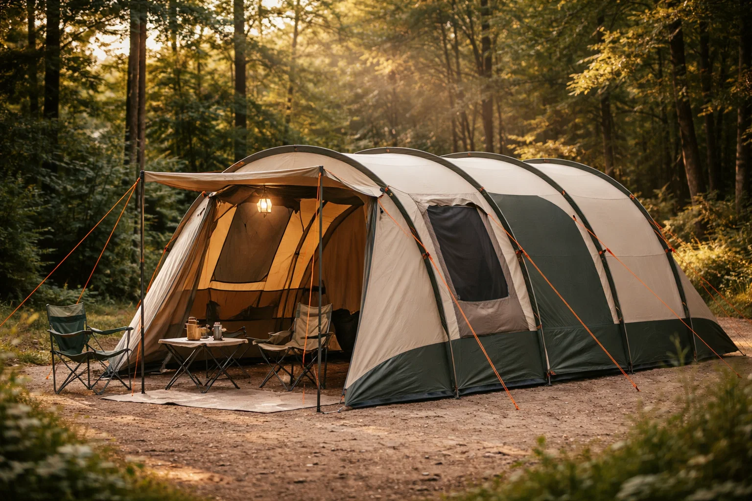 A tunnel tent pitched in the woods
