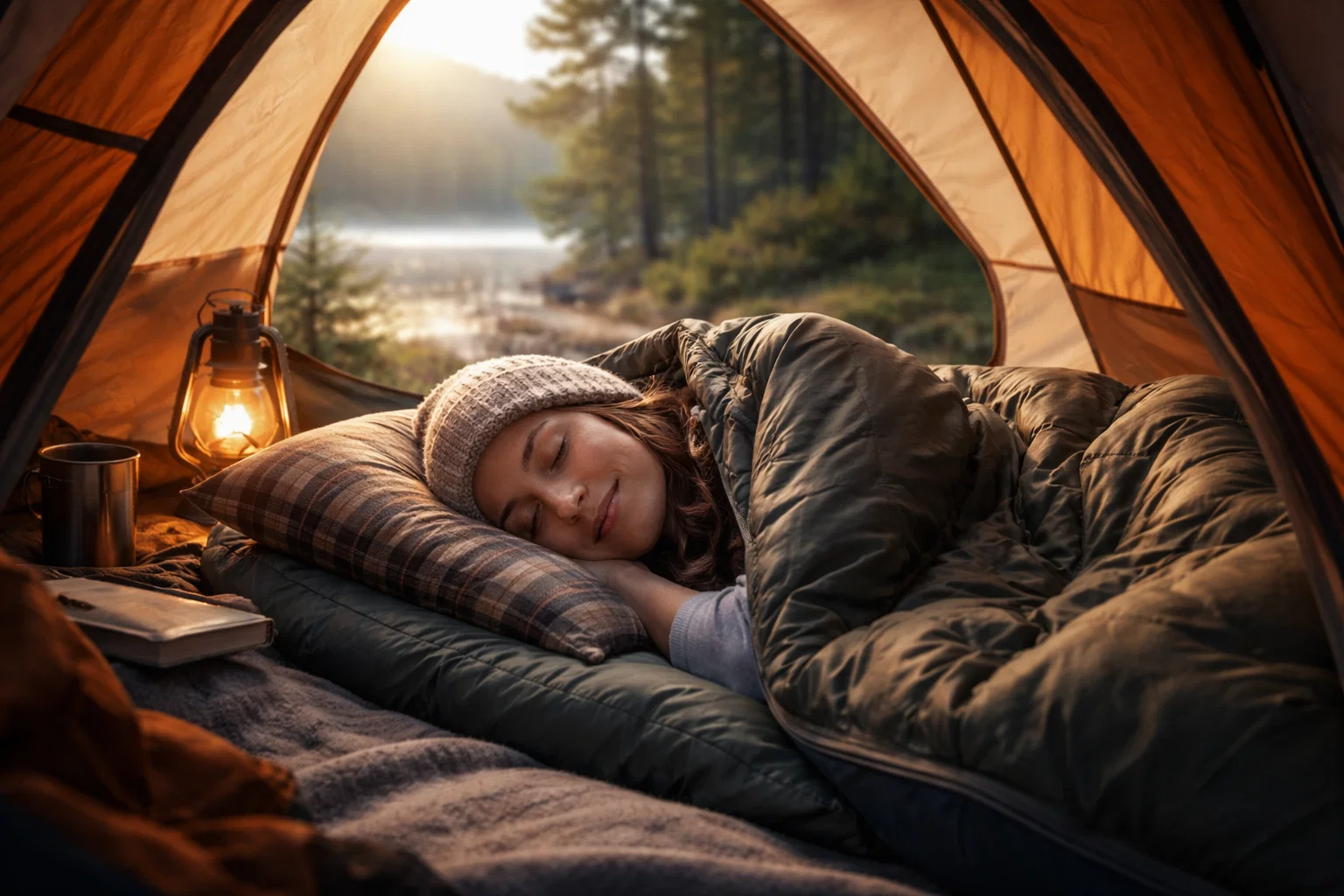 A woman sleeping peacefully in a tent in the woods by a lake