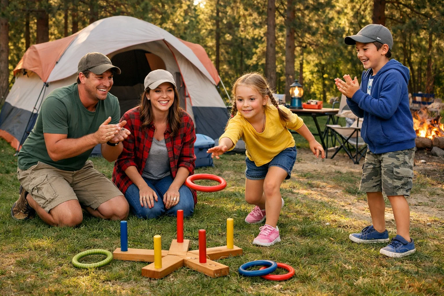 Family camping playing camping games