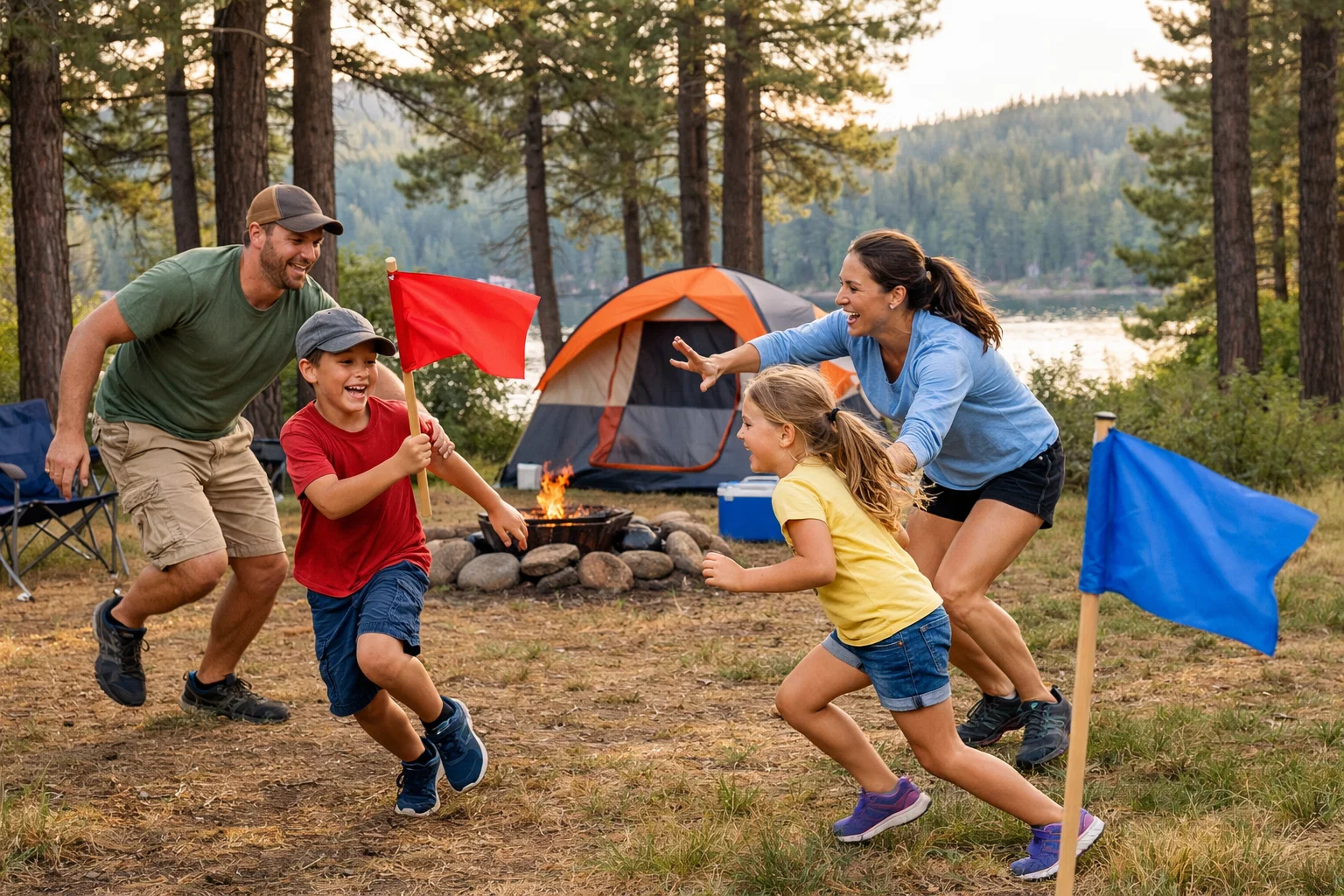 A family playing capture the flag while camping 