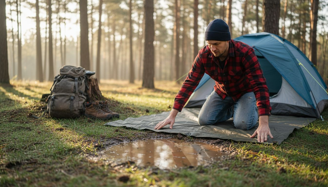 Camper positioning groundsheet beneath tent at campsite