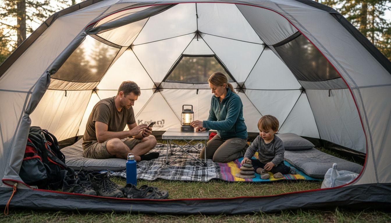 Family relaxing inside spacious campground tent