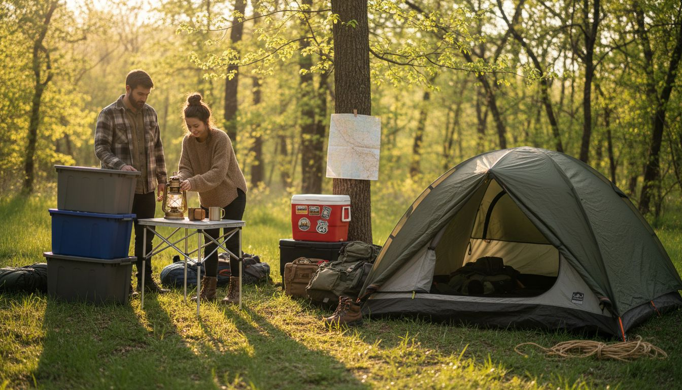 Campers organizing a forest campsite