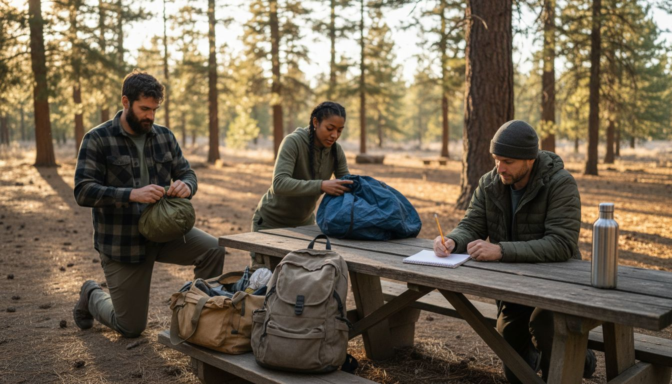 Campers comparing packed tents at picnic table