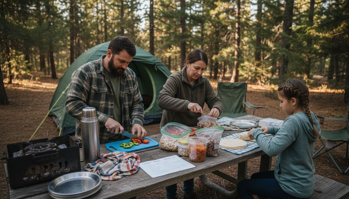 Family prepping easy camping meals at picnic table