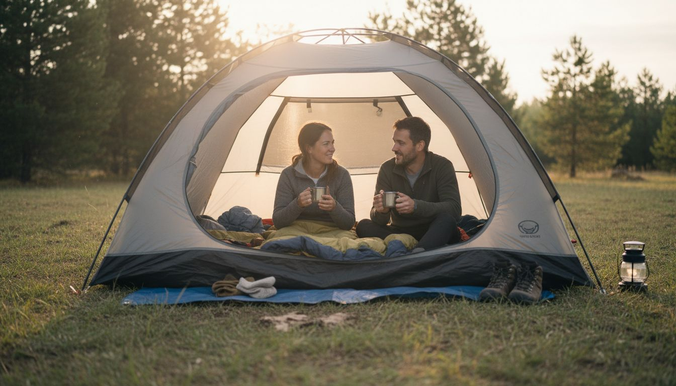 Campers relaxing inside tent at sunrise