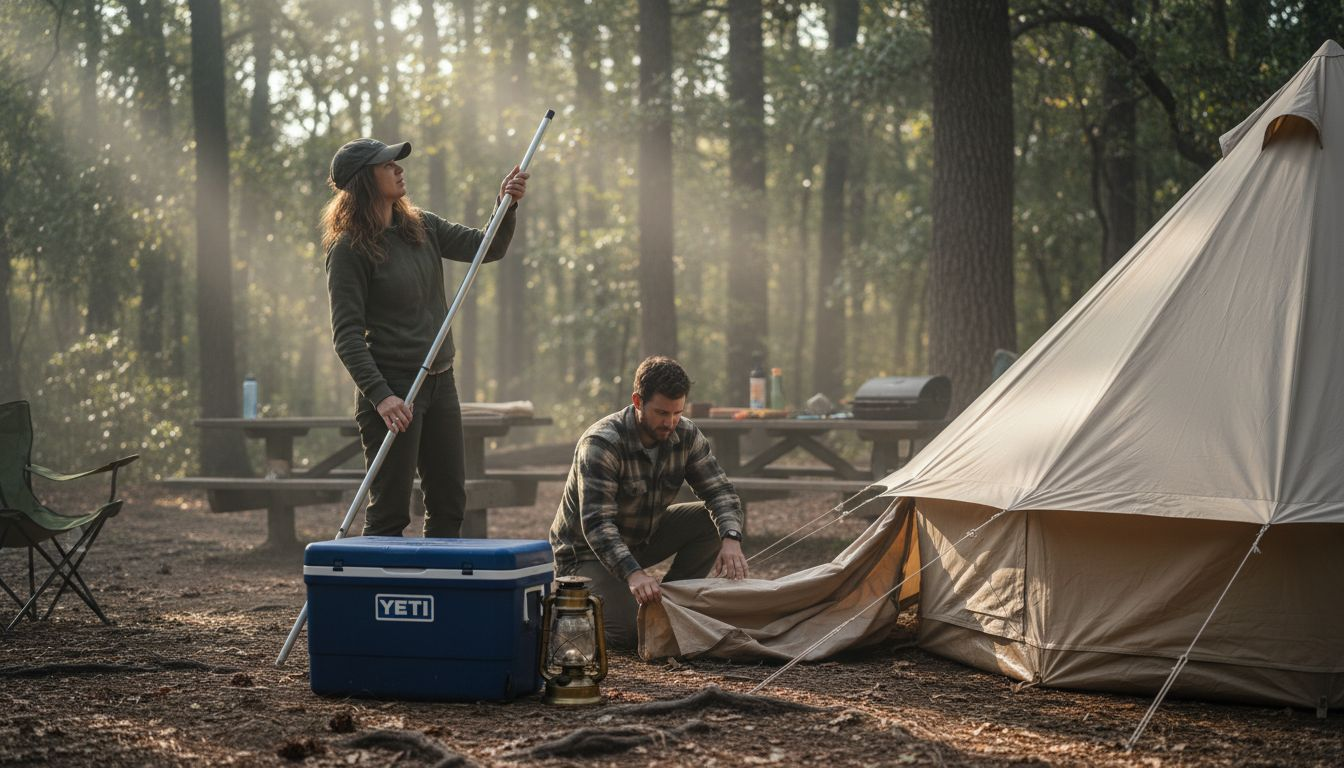 Campers assembling tent with aluminum poles in forest