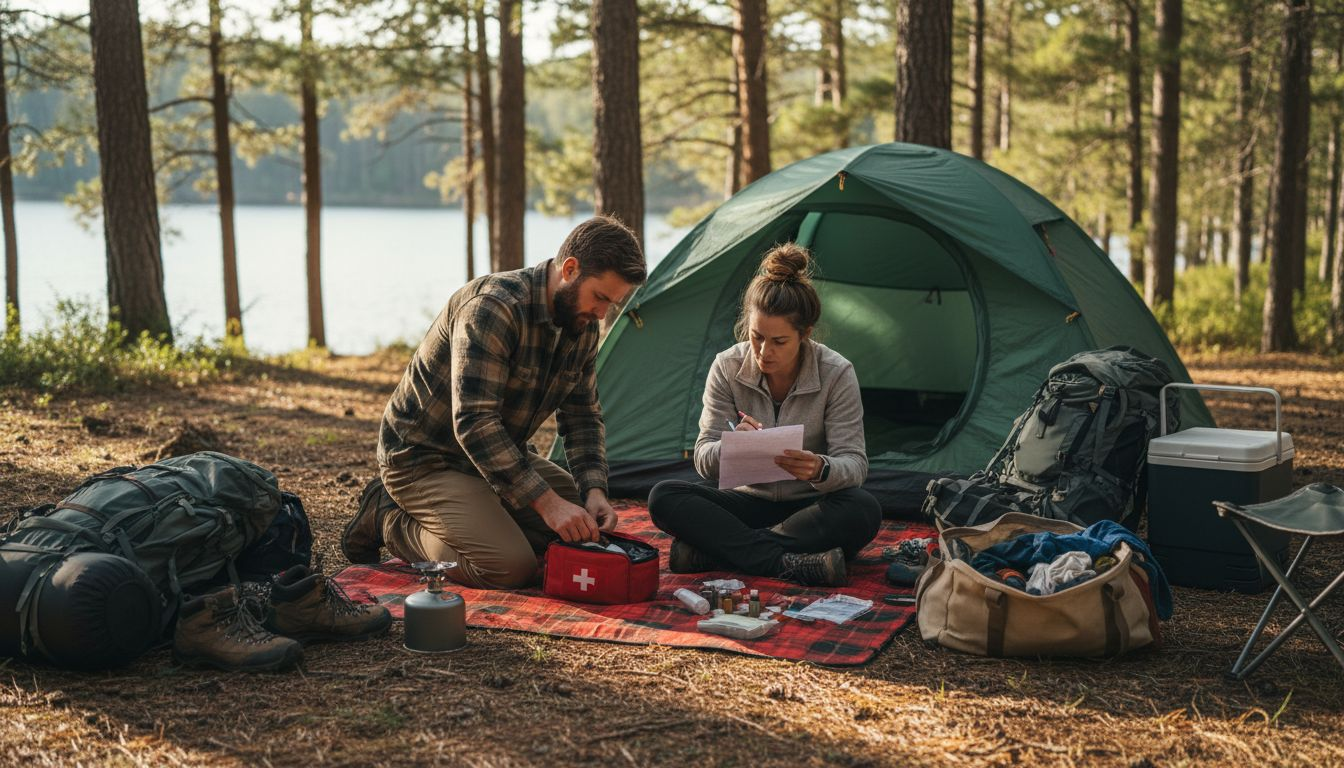 Campers organizing tent camping essentials outdoors