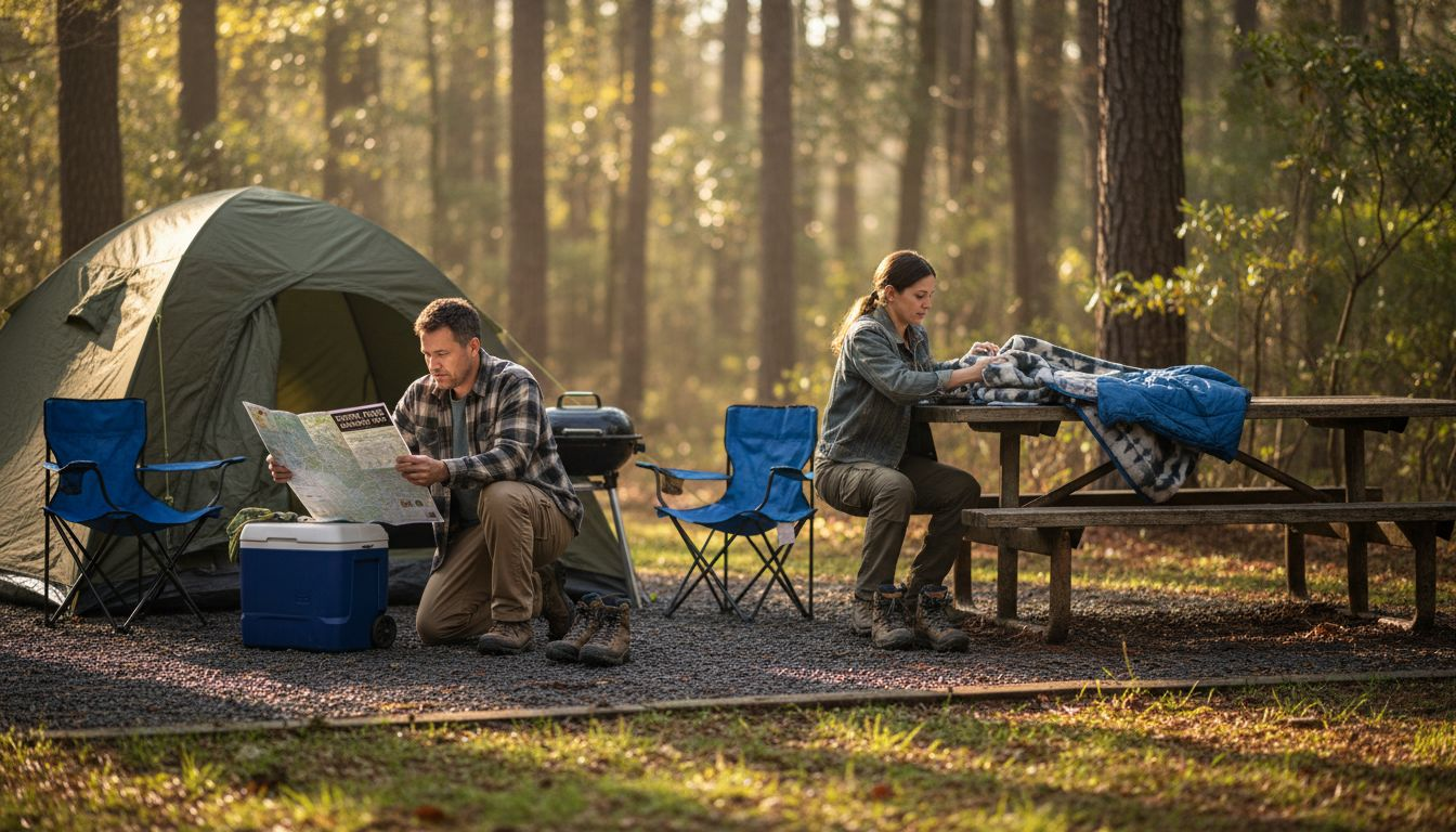 Family arranging gear at tree-shaded campsite