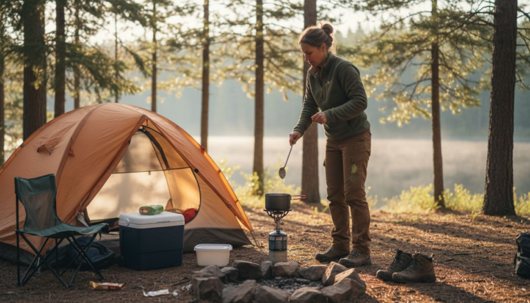 Camper cooking breakfast by tent at lakeside