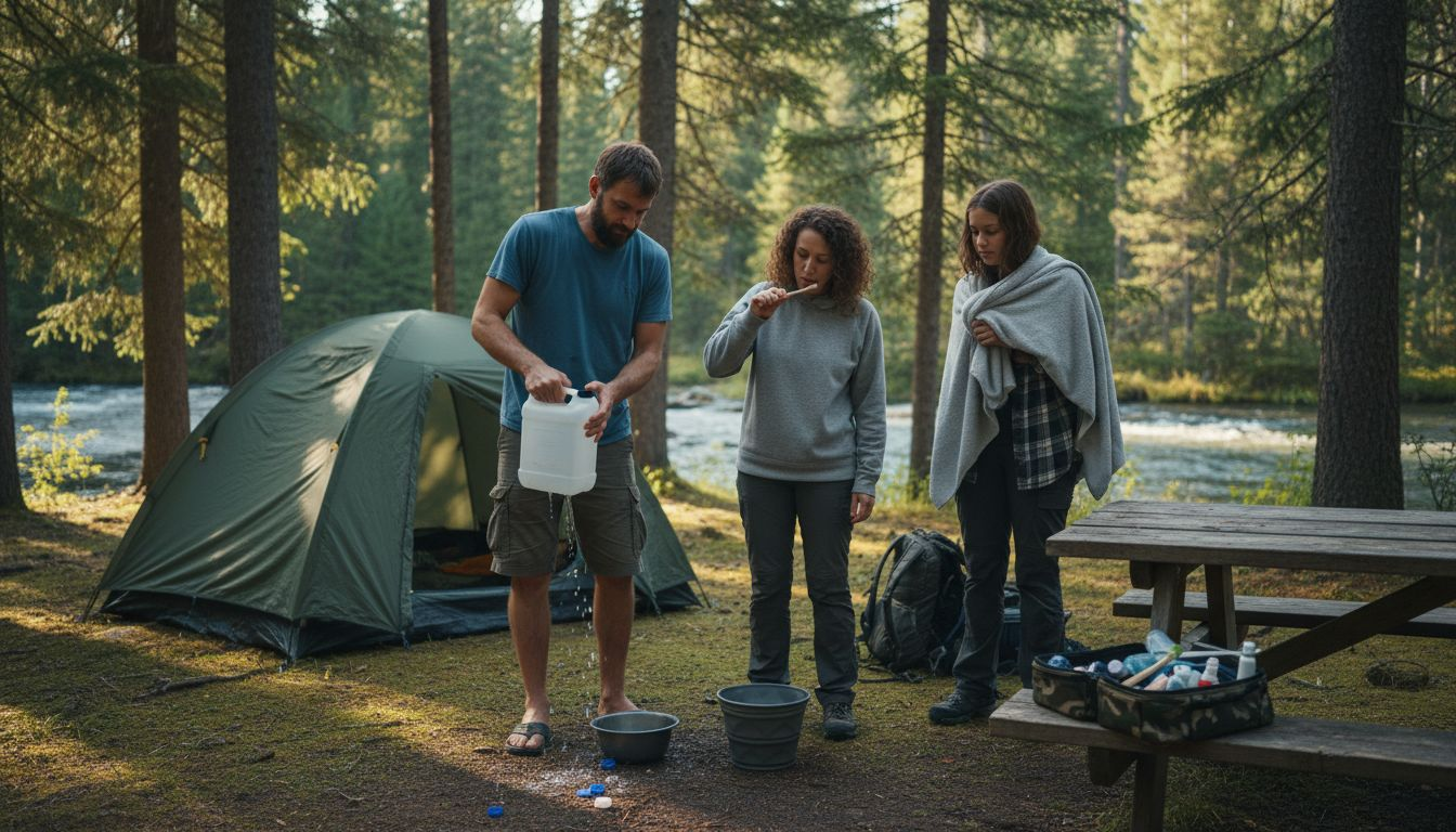 Campers washing hands and keeping clean outdoors