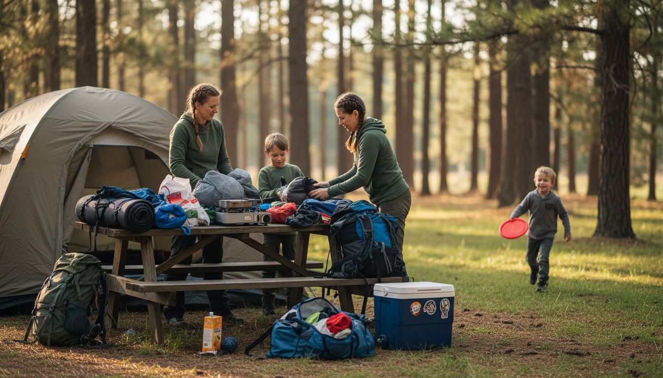 Family organizes camping gear near tent outdoors