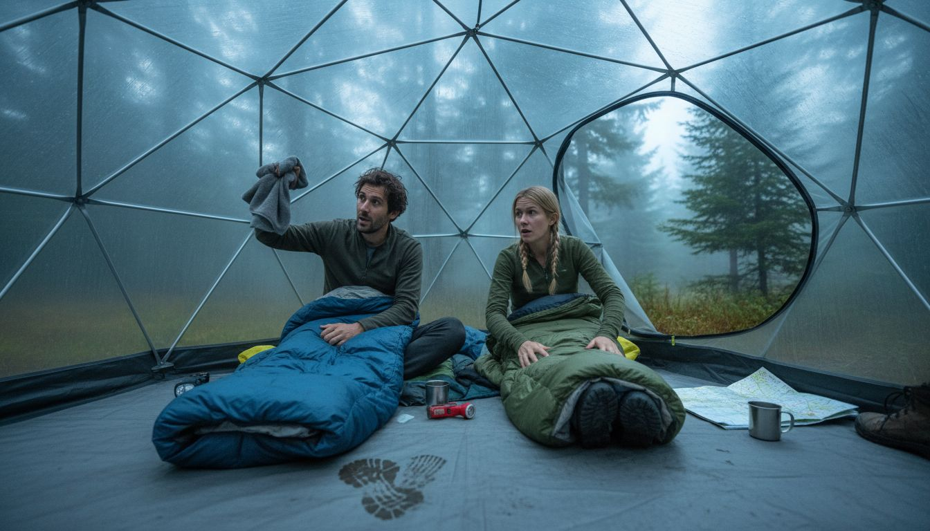 Campers wiping condensation inside tent