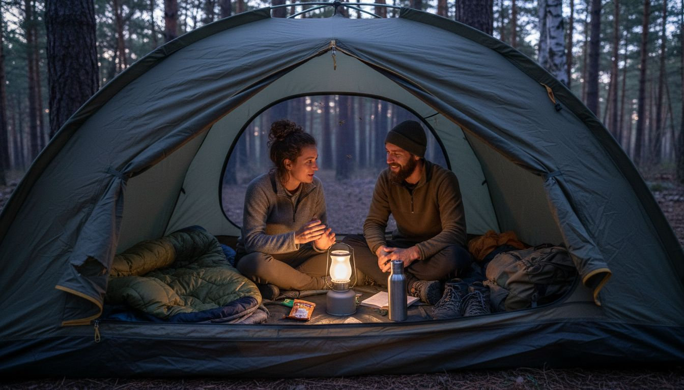 Campers in tent protected by mesh