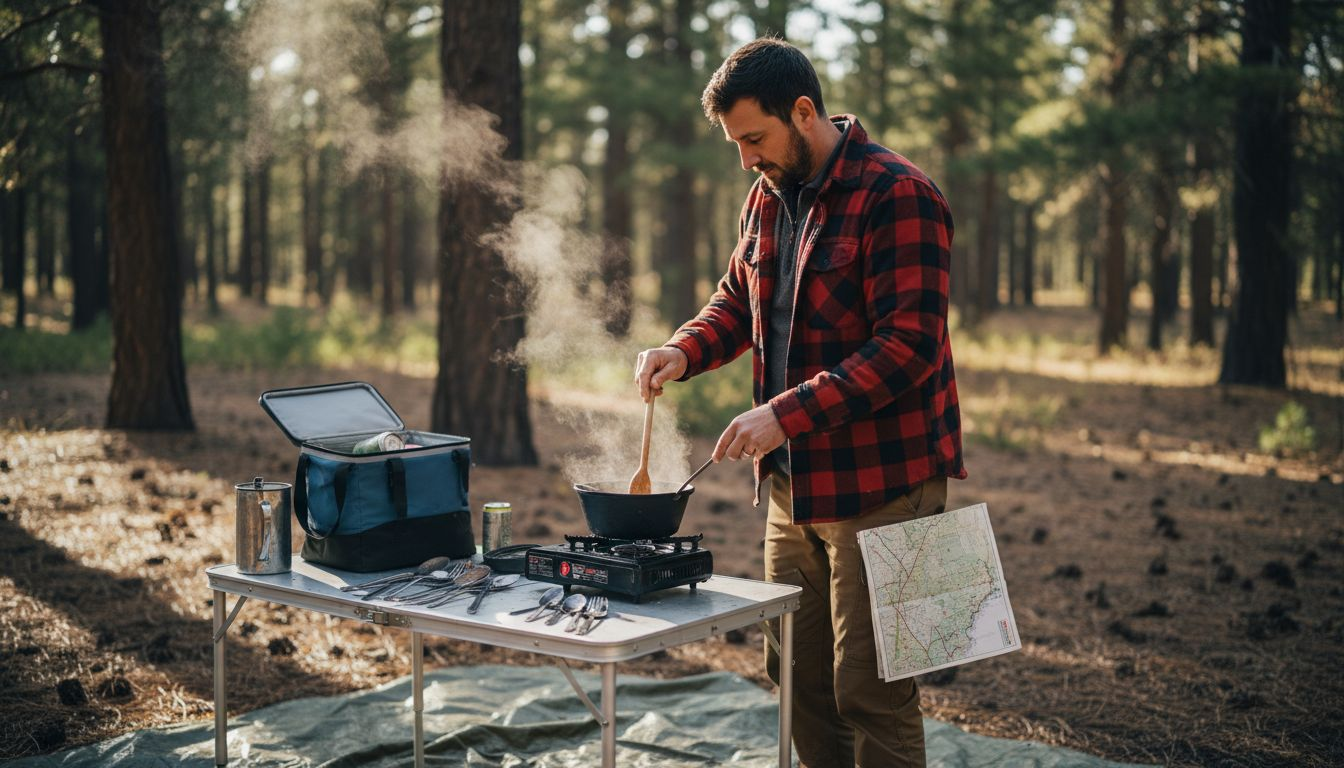 Camper cooking at outdoor camp setup