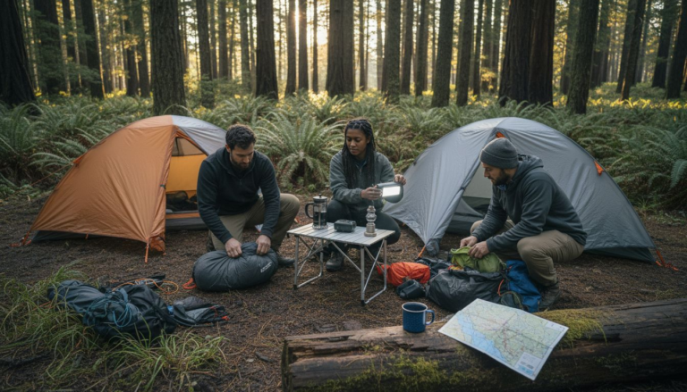 Campers unpacking modern camping gear at forest site
