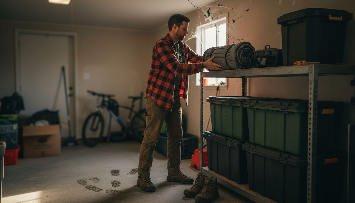 Person storing tent on garage shelf
