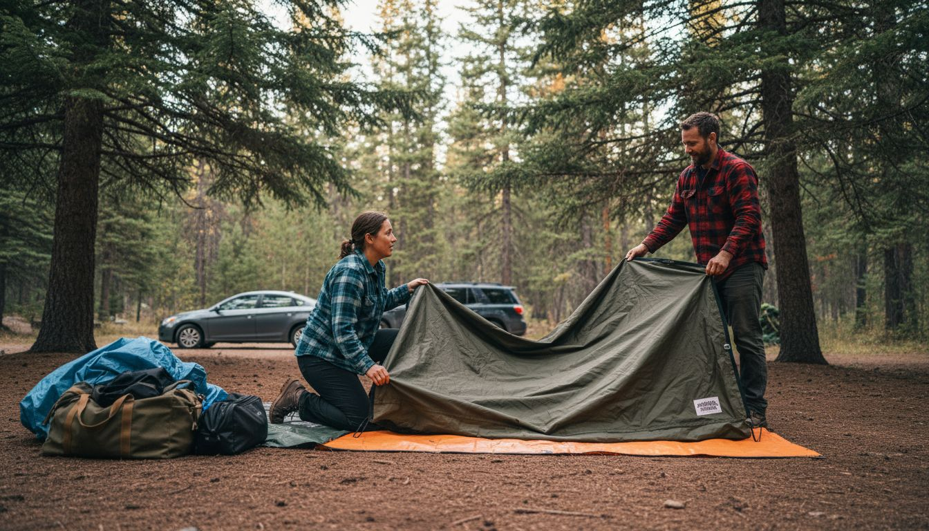 Campers checking tent size at campsite