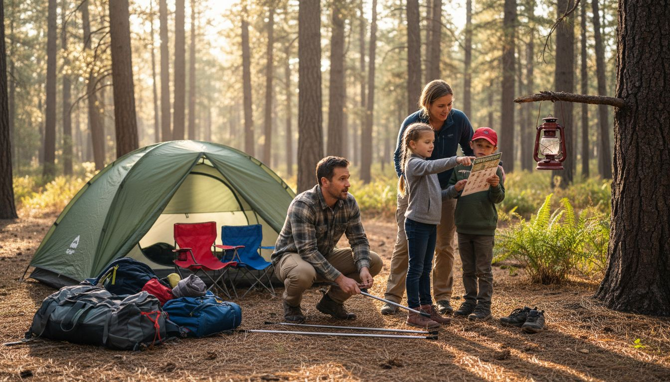 Family starting campsite setup with outdoor learning activities