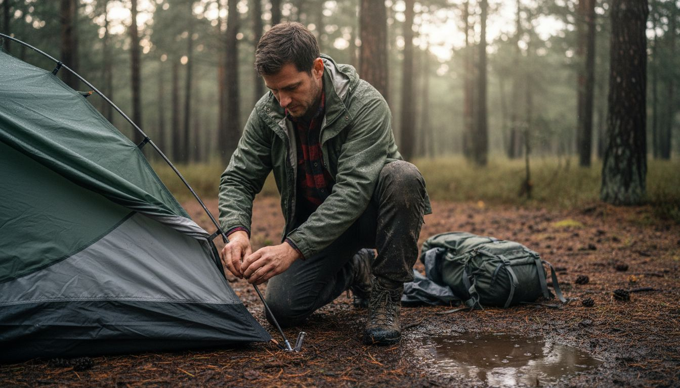 Camper setting up fast-pitch tent in forest