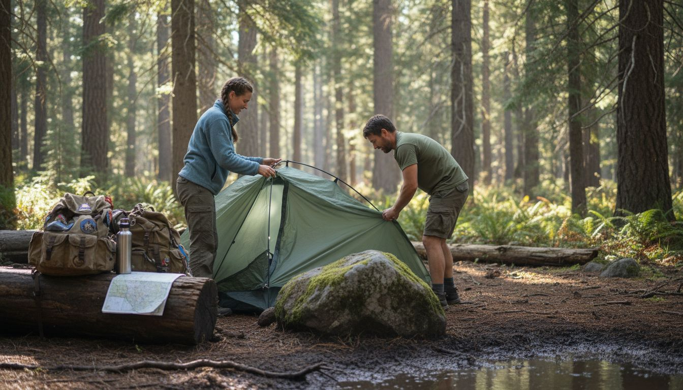 Campers setting up tent in forest clearing