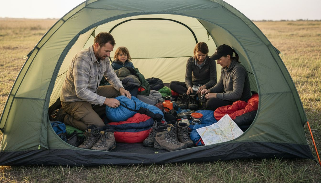 Campers inside slightly cramped family tent