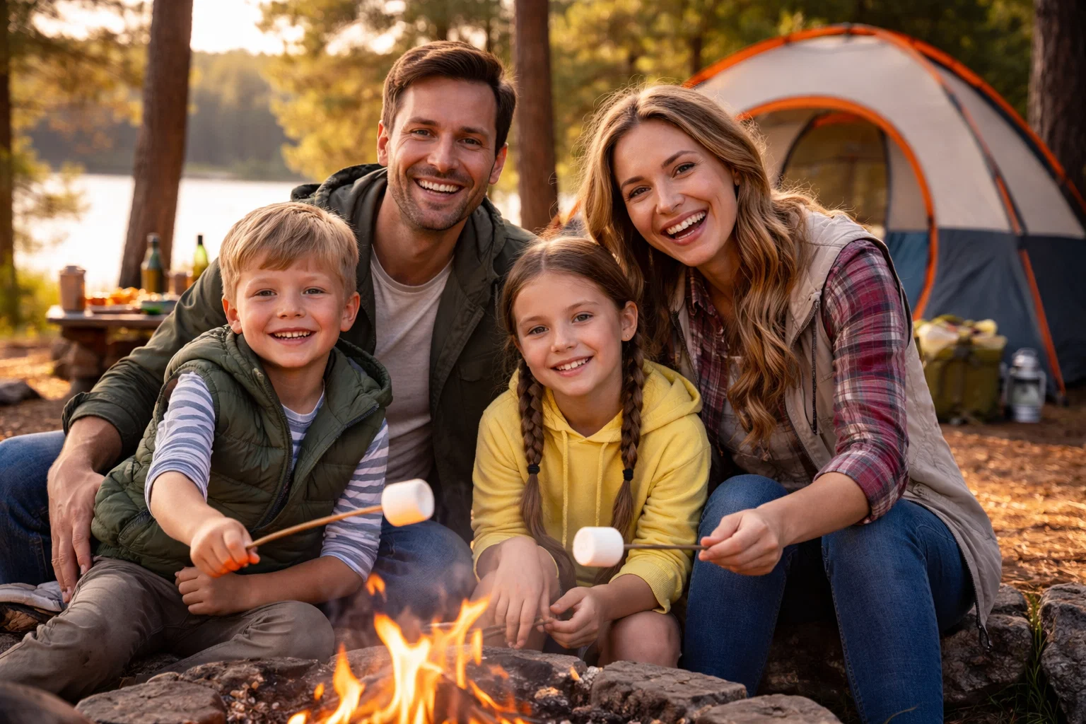 A happy family camping together and roasting marshmallows by a cammpfire