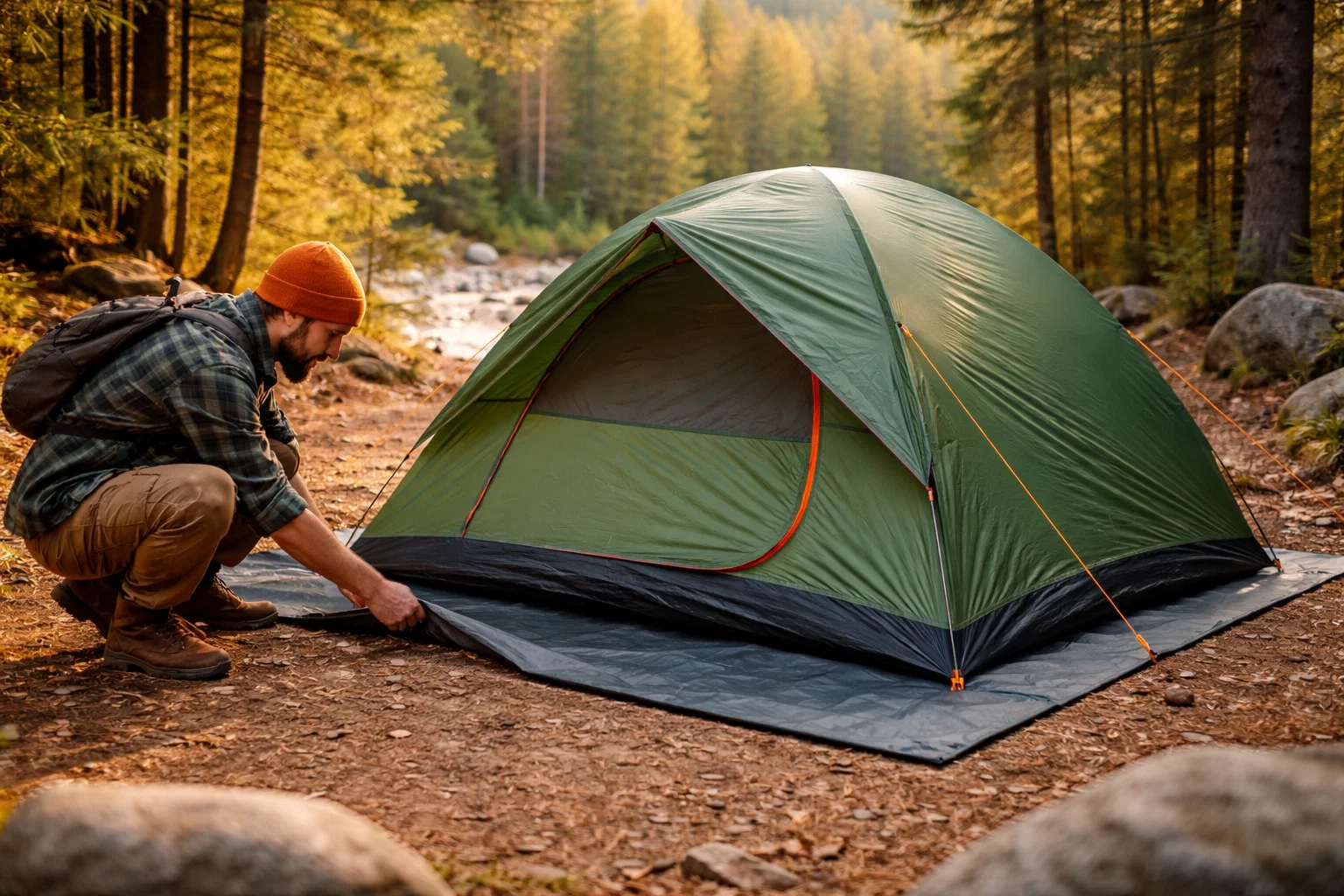A camper using a groundsheet to protect their tent 