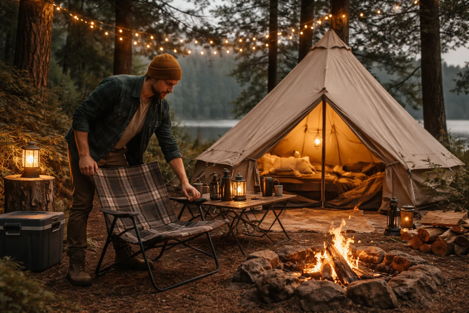 a man trying to organize campsite for comfort