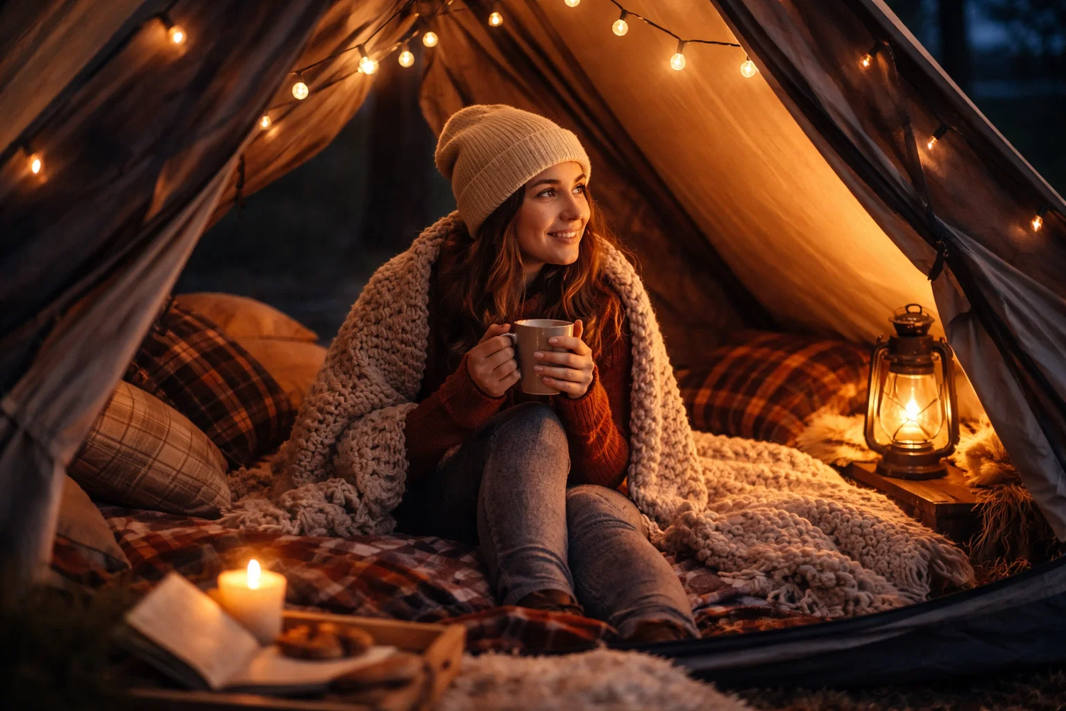 A woman with a comforting tent floor design holding coffee mug in her cosy tent