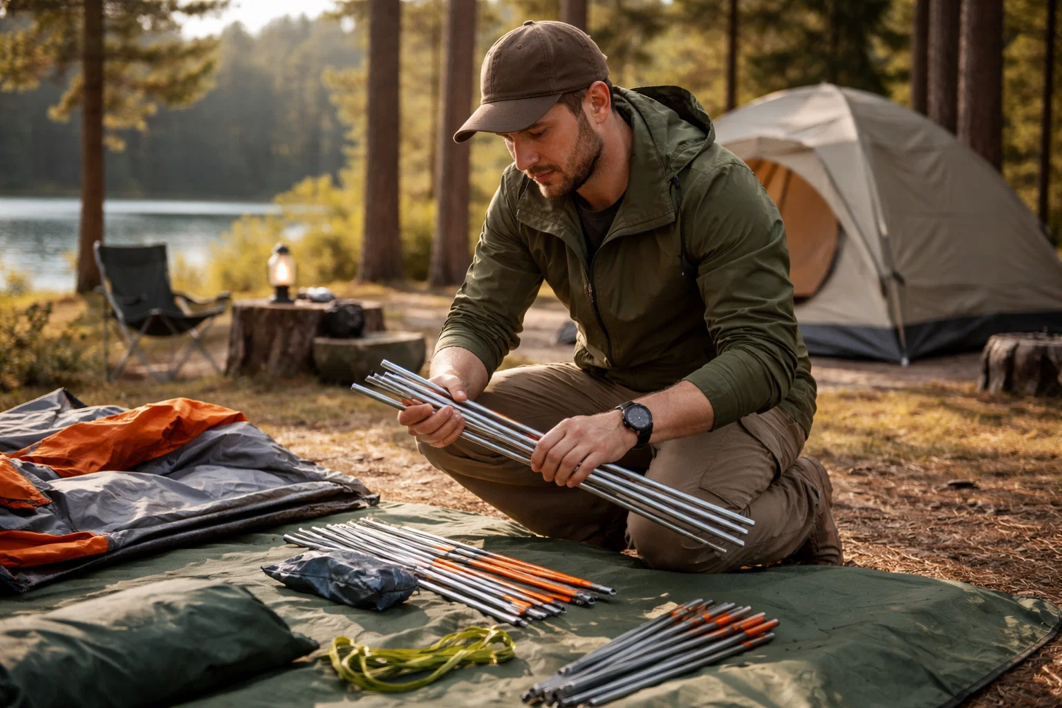 A camper organising tent poles