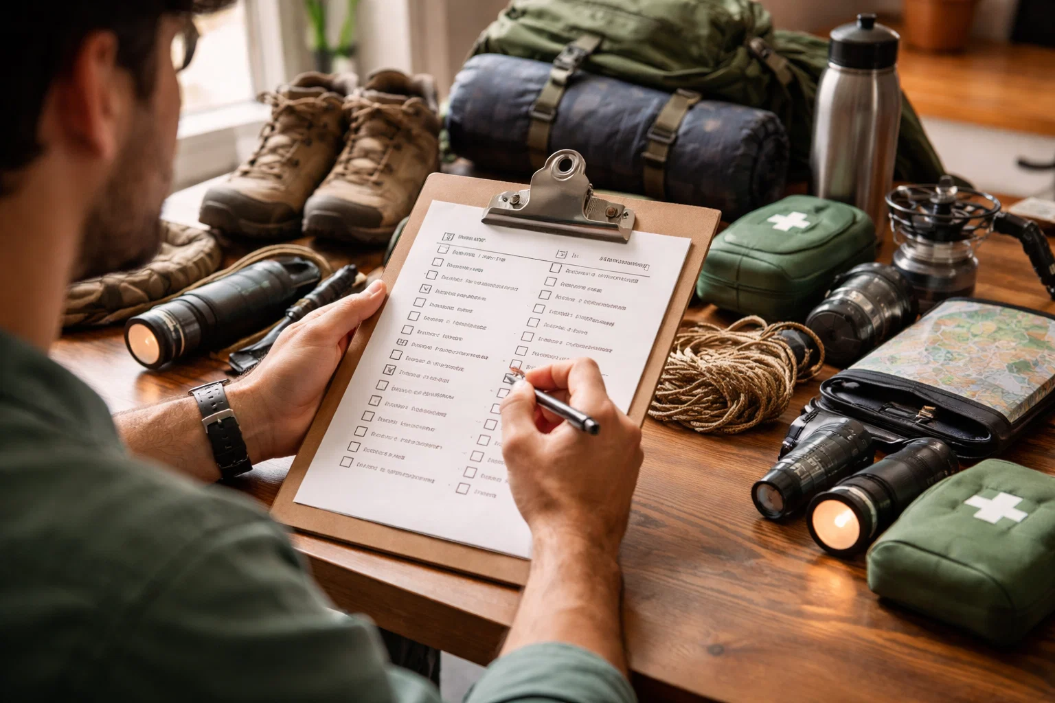 A camper looking at a packing checklist at home before leaving for a camping trip. 