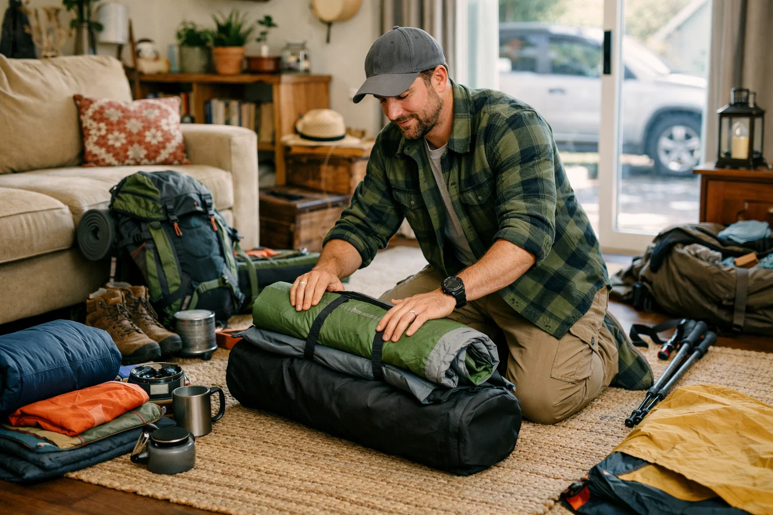 A camper looking packing A tents at home before leaving for a camping trip. 