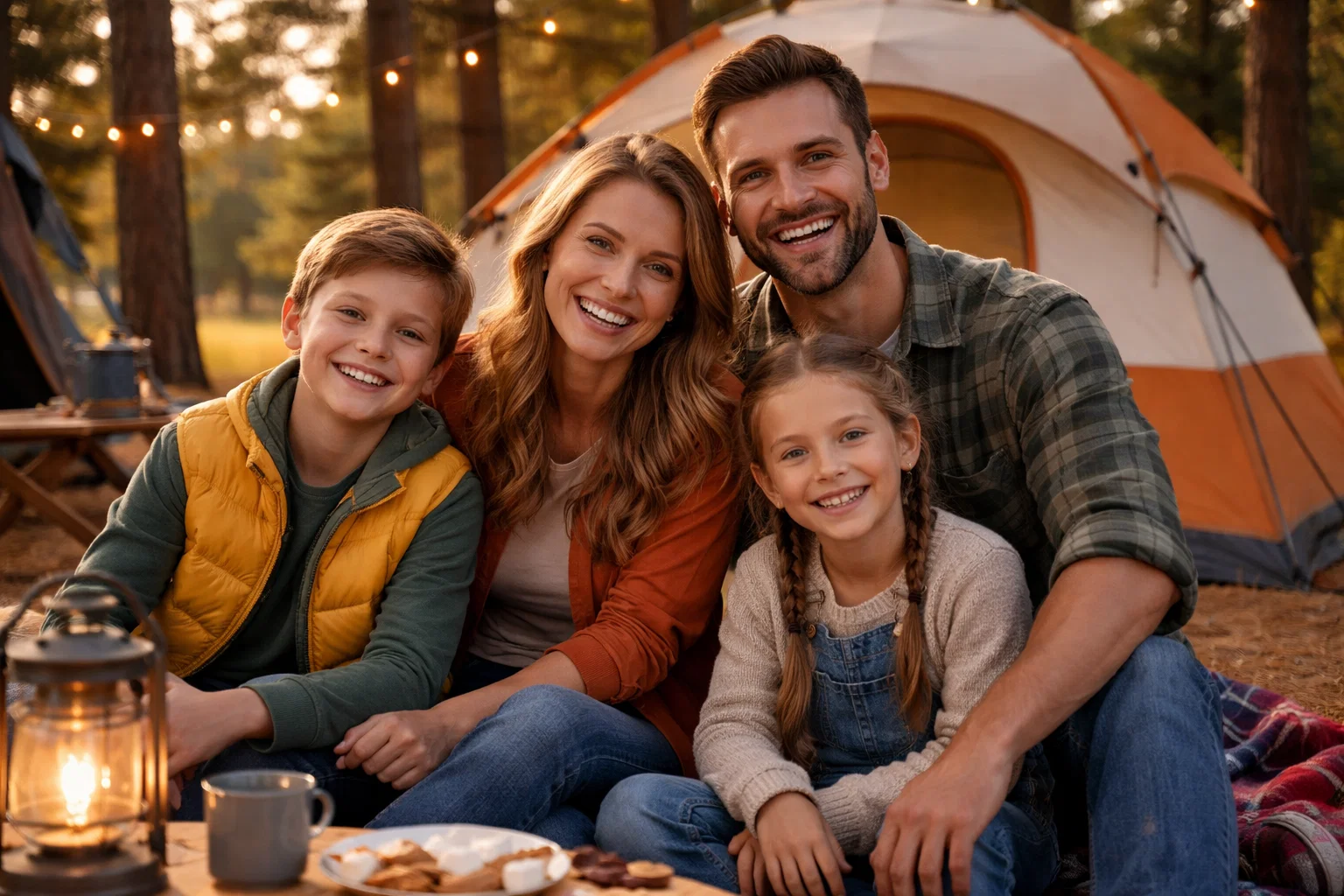 A family looking happy with their campsite layout whilst camping
