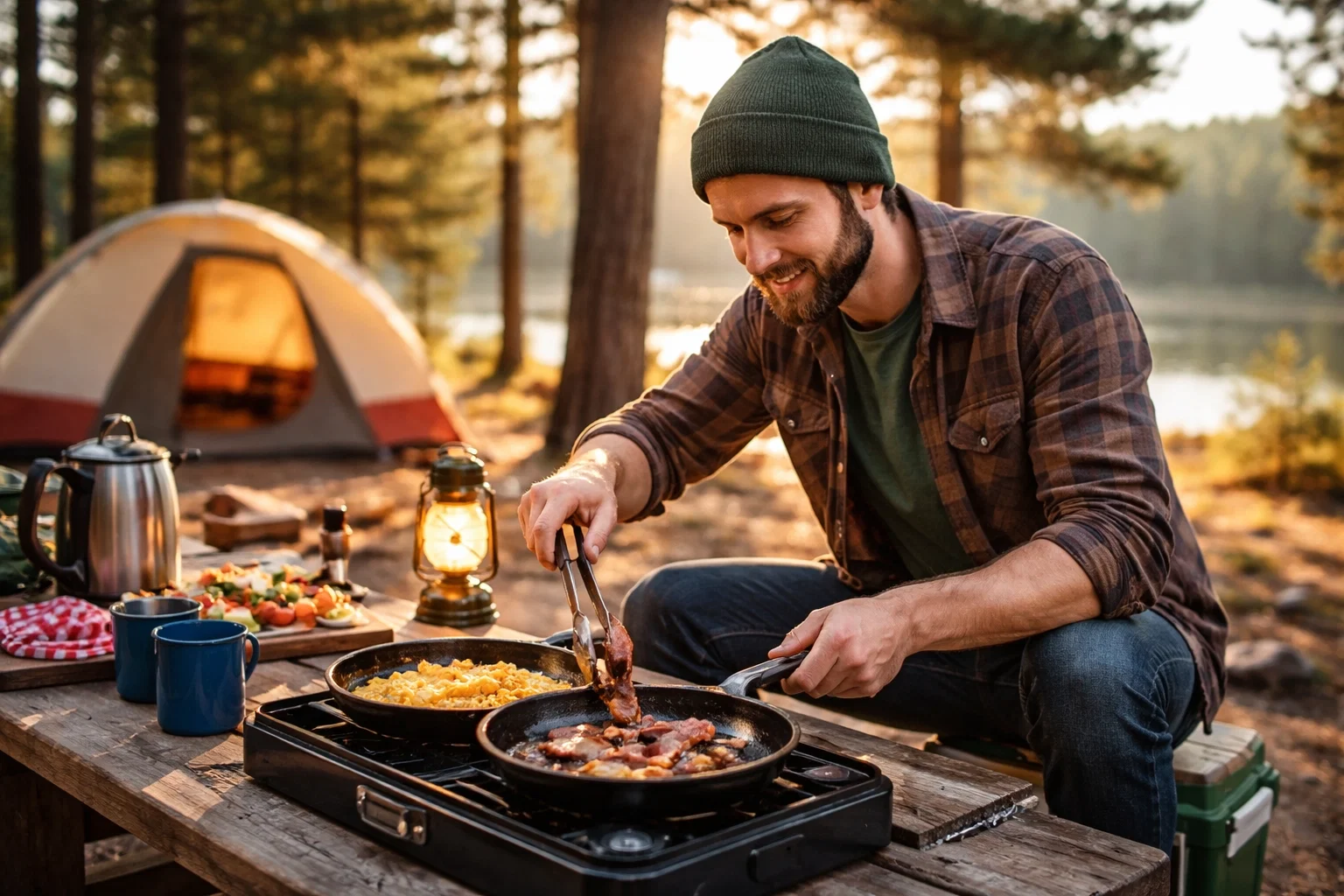 Outdoor cooking tips- A camper cooking a simple and nutritious meal outdoors 