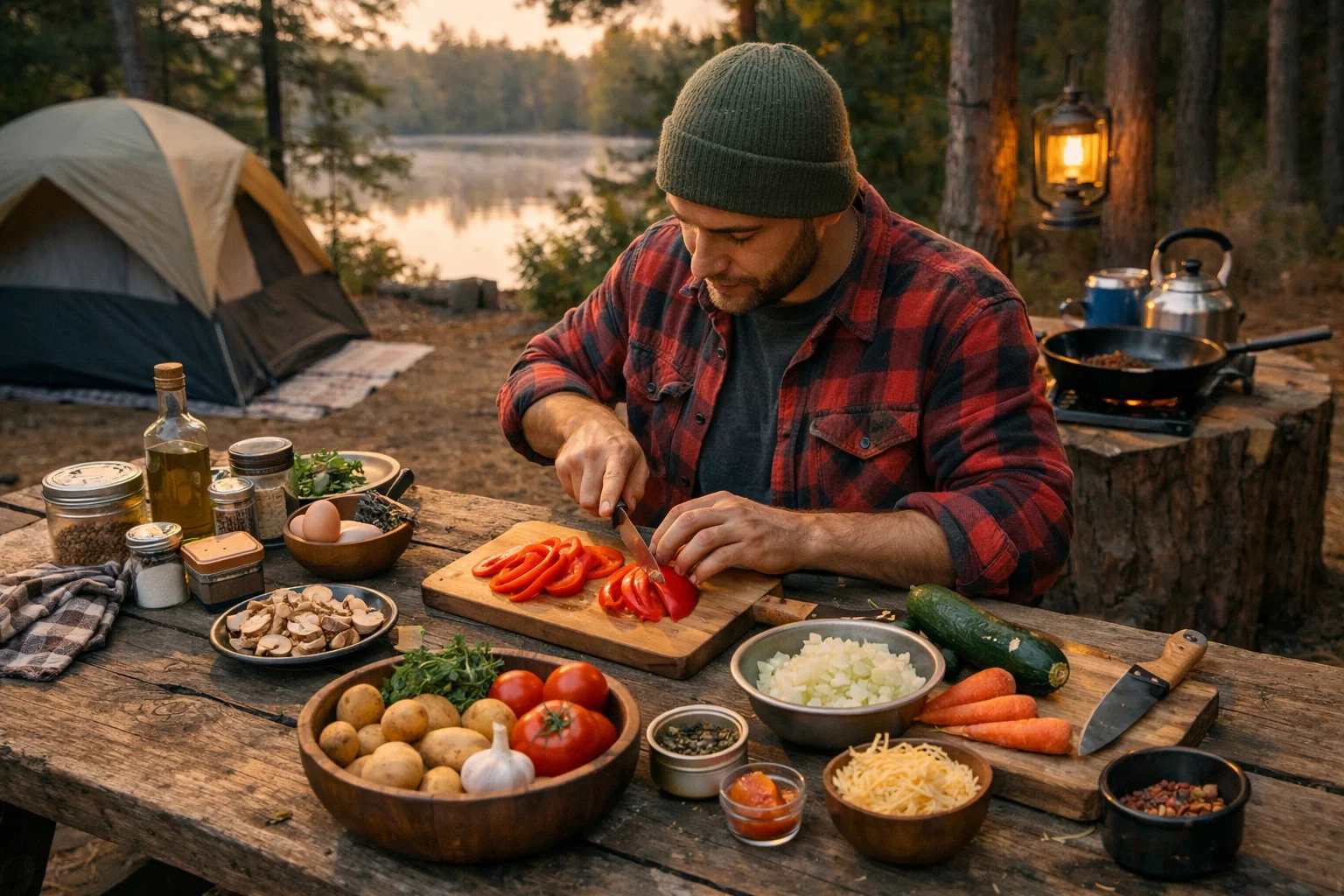 A camper prepping ingredients before cooking outdoors