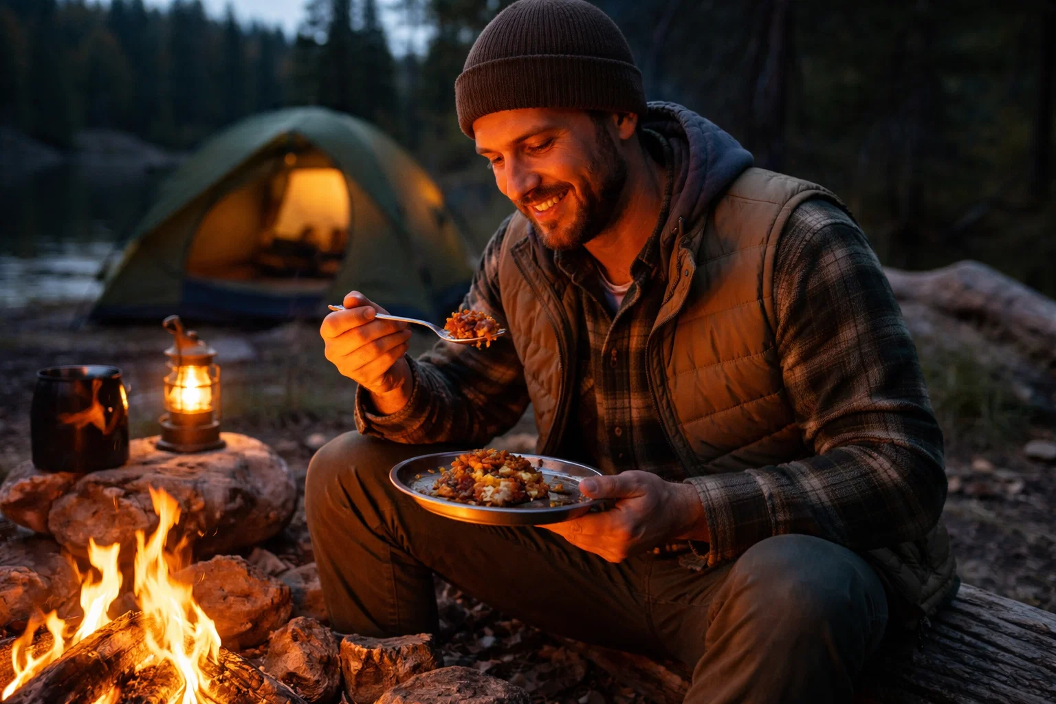 A camper eating a meal next to a camp fire 