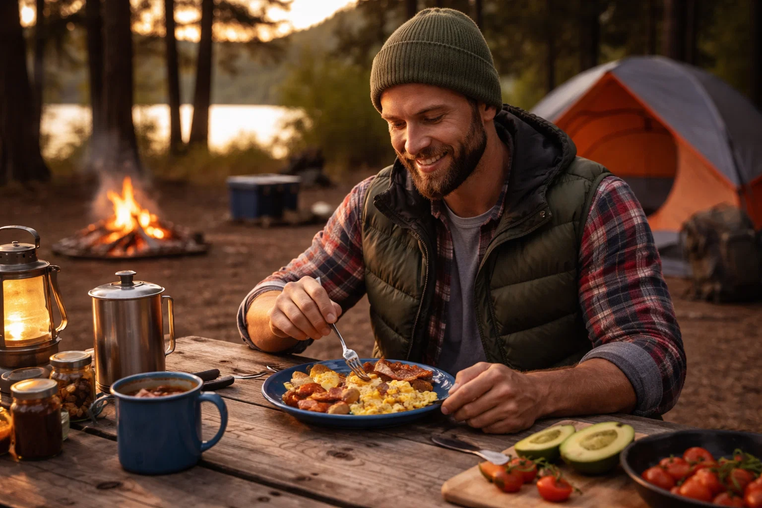 A camper eating a meal on a campsite