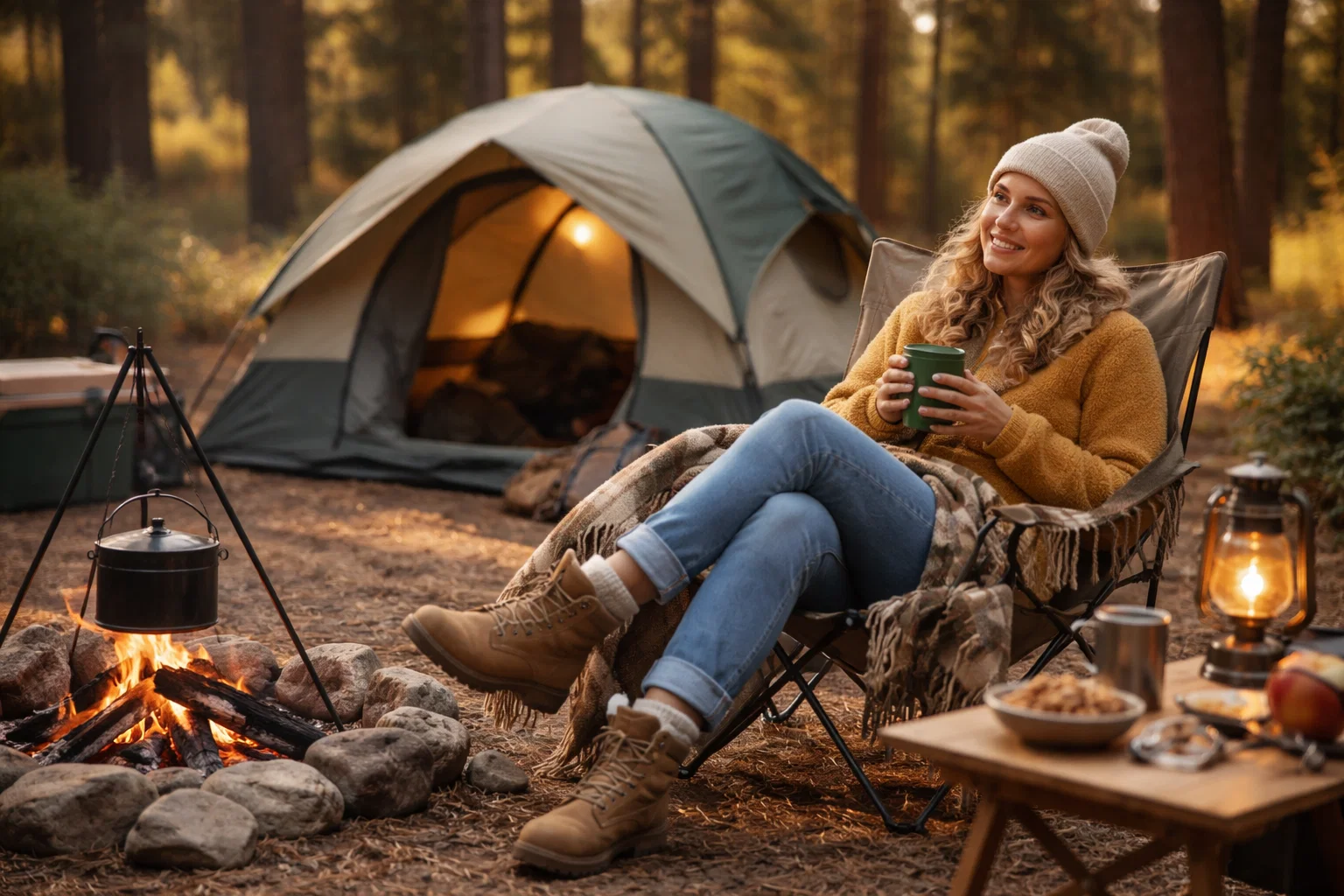 A woman camping and sitting in a chair to improve camp comfort