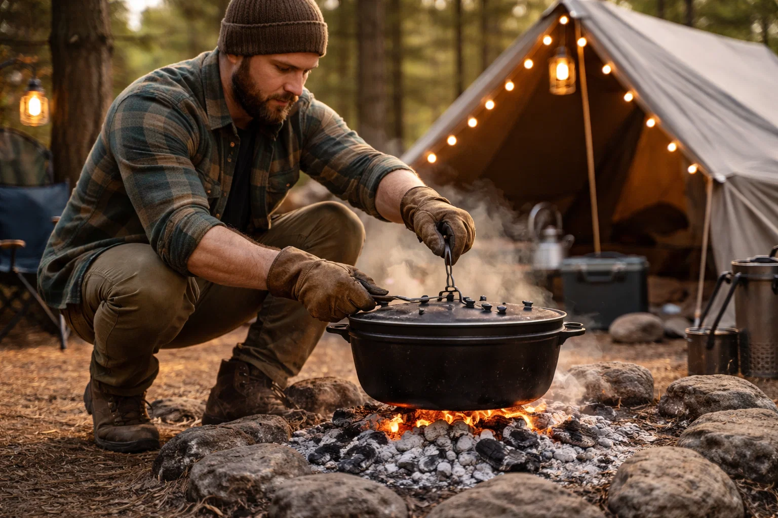 A camper using a Dutch oven