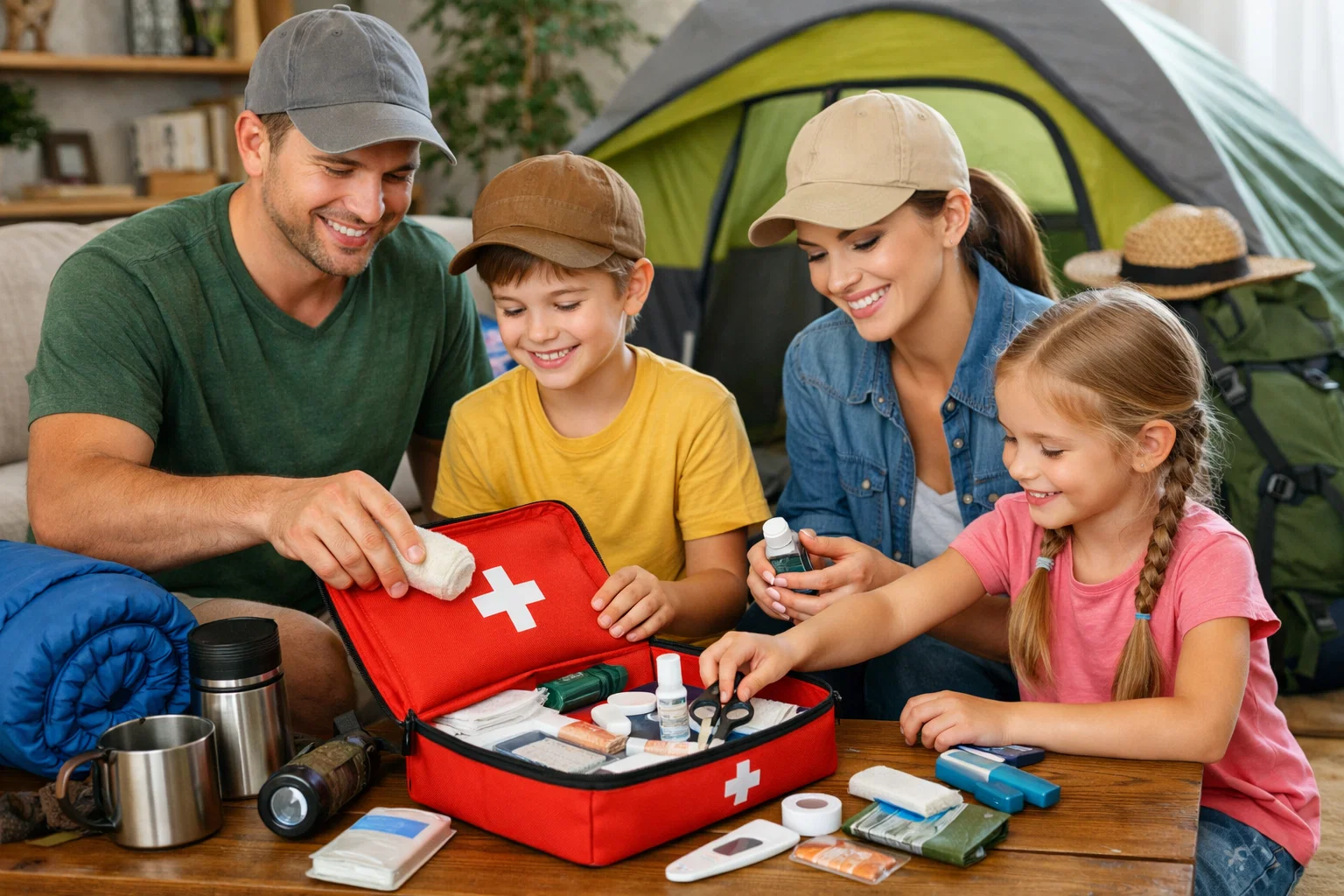 A family packing a first aid kit before going camping 