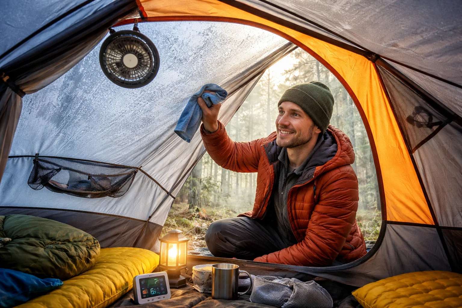 A camper mastering tent condensation 