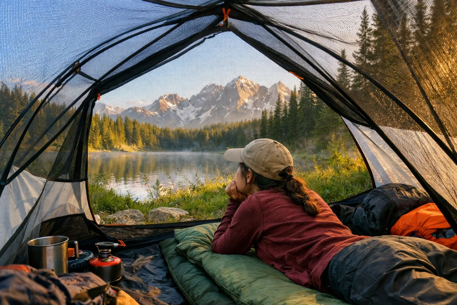 A camper using tent mesh effectively 