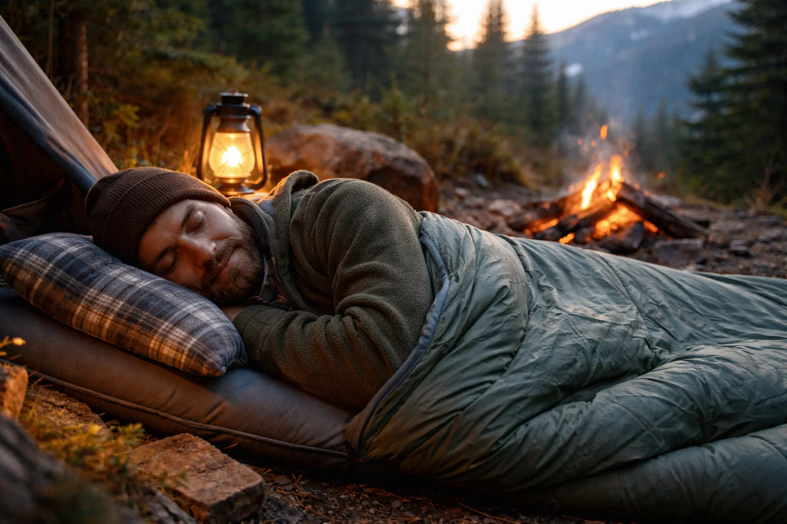 A camper outdoor sleeping comfortably outside by a fire